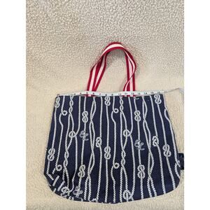 Pretty nautical knot tote bag w/red & white stripe handle by Estee Lauder